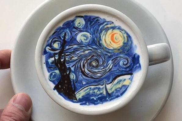 Lee Kang-bin cream art recreations of Van Gogh Starry Night Munch The Scream and other famous paintings on top of coffee cups at C. Through Cafe