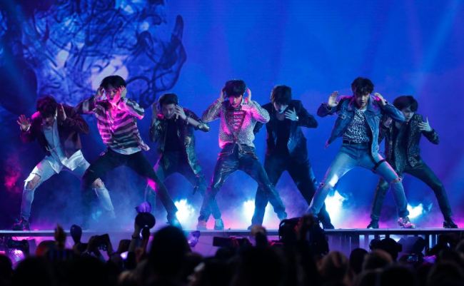 K-pop boy band BTS performs "Fake Love" at the 2018 Billboard Music Awards. (Reuters)