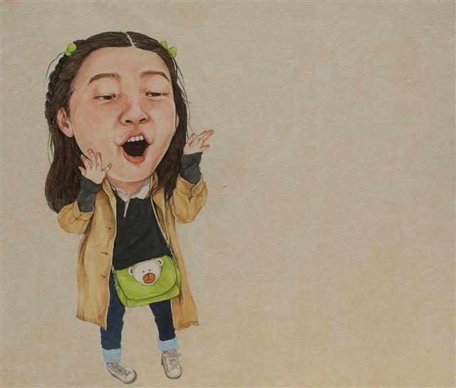 김하운, 아이 귀여워, 종이에 수묵채색, 45.3x53cm, 2018