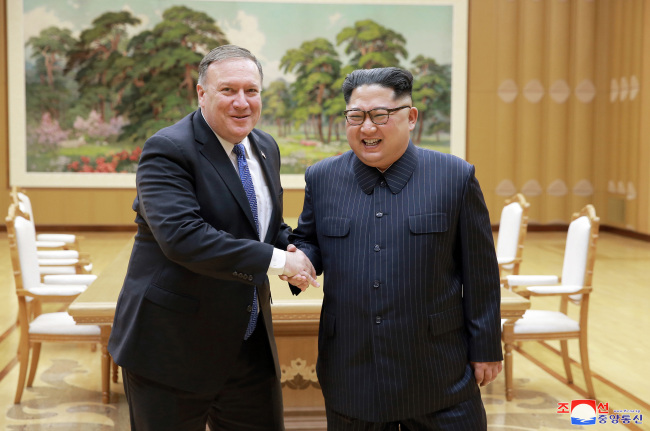 North Korean leader Kim Jong-un met with US Secretary of State Mike Pompeo, who conveyed Trump’s oral message concerning the North Korea-US summit, on May 10. (AP-Yonhap)