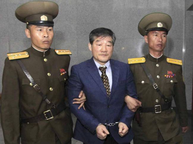 US citizen Kim Dong-chul was escorted to a trial in Pyongyang in April 2016. (AP)