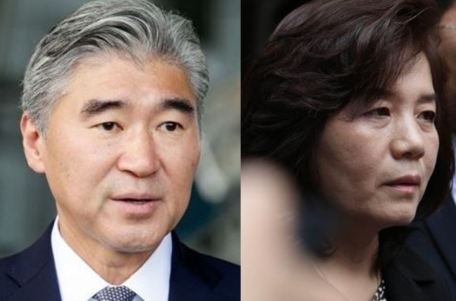 This combined file photo shows Sung Kim (L), US ambassador to the Philippines, and North Korea's Vice Foreign Minister Choe Son-hui. (Yonhap)