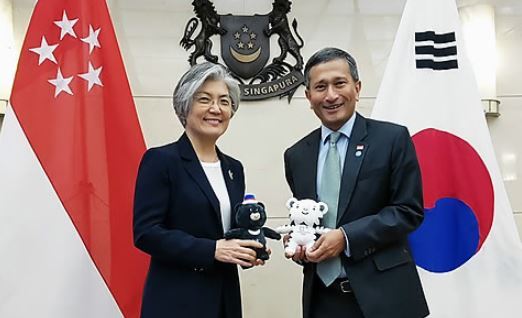 This photo, provided by Seoul's foreign ministry, shows South Korean Foreign Minister Kang Kyung-wha (L) and her Singaporean counterpart Vivian Balakrishnan. (Yonhap)