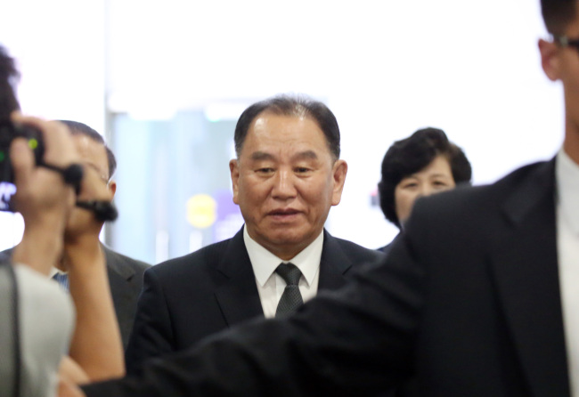 Kim Yong-chol, a vice chairman of the North's ruling Workers' Party's central committee, arrives at a Beijing airport to depart for Pyongyang on June 4, 2018. (Yonhap)