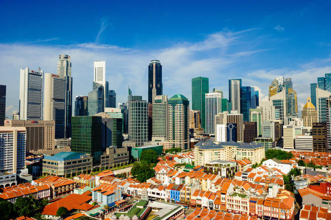 An aerial view of buildings in Singapore’s Chinatown with skyscrapers in the background (Singapore Tourism board)