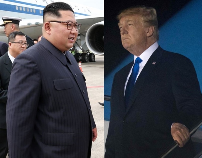 Two separate photos from the Singaporean government and AFP show North Korean leader Kim Jong-un (L) and U.S. President Trump arriving in Singapore on June 10, ahead of their historic summit. (Yonhap)