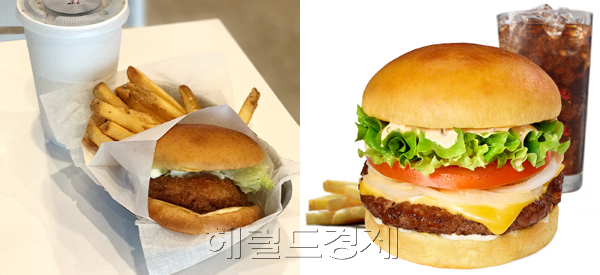 버거플랜트 쉬림프 버거 세트(왼쪽). 버거와 프렌치프라이, 음료를 4000~6000원대 가격에 선보인다. [사진=김지윤 기자]