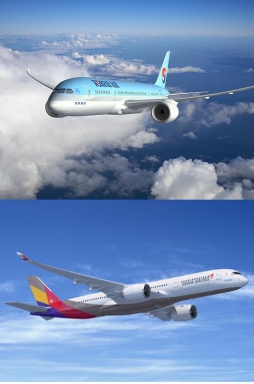 This composite image shows Korean Air's B787-9 (top) and Asiana's A350-900 passenger jets. (Yonhap)