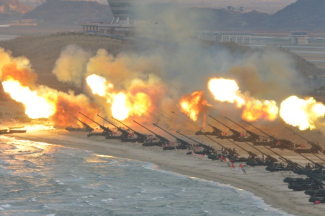 An image released by the Korean Central News Agency in March 2016 shows North Korea conducting artillery rills. Yonhap