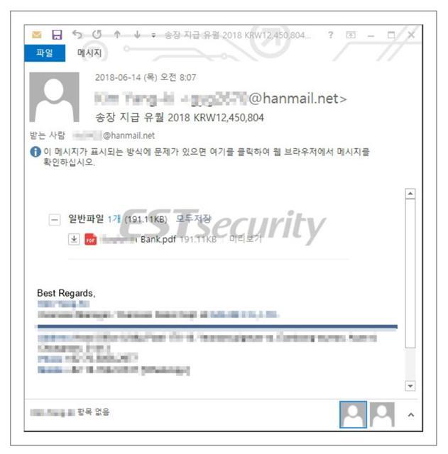국내 시중은행 이름을 도용해 상품 송장으로 위장한 악성 메일 [출처=이스트시큐리티]