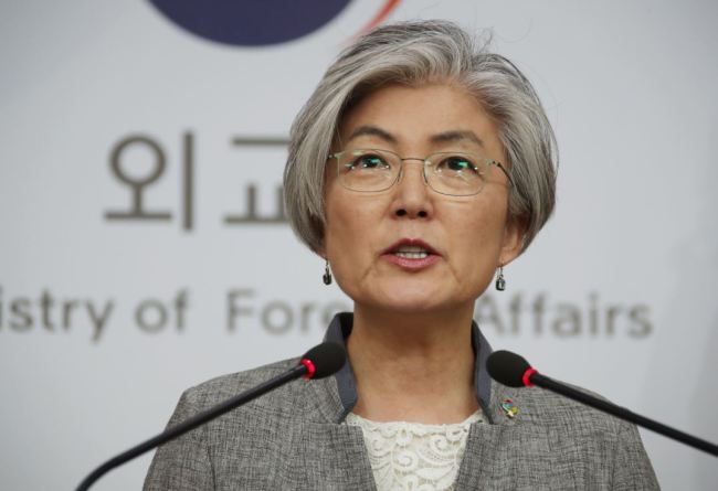 Foreign Minister Kang Kyung-wha speaks at a news conference in Seoul on Monday. (Yonhap)