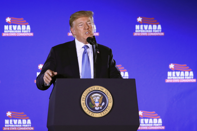 US President Donald Trump speaks at a Republican Party event in Las Vegas on Saturday. Yonhap