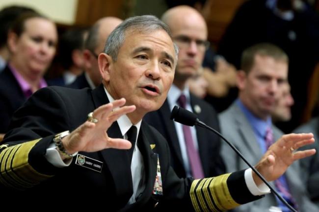 In a file photo taken on April 26, 2017, retired Admiral Harry Harris, testifies before a House Armed Services Committee hearing on Capitol Hill in Washington, US. (Reuters)