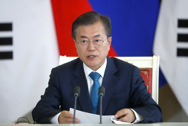 South Korea's President Moon Jae-in at a news conference following talks with his Russian counterpart Vladimir Putin at the Moscow Kremlin on June 22. (TASS-Yonhap)
