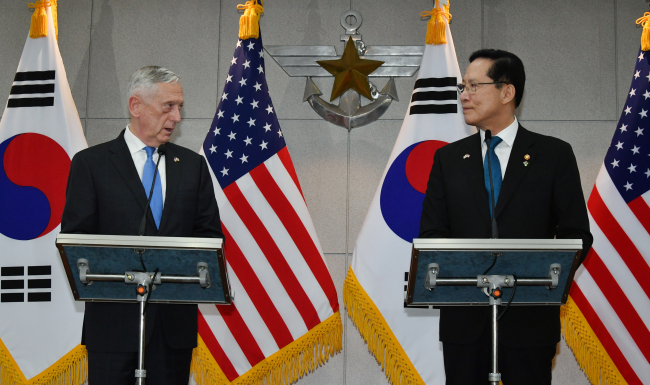 Defense Minister Song Yong-moo(right) and his counterpart Jim Mattis. Yonhap