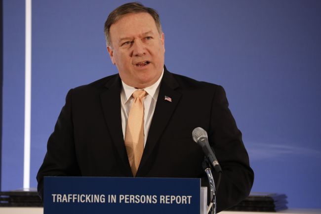 Secretary of State Mike Pompeo speaks about the release of the Trafficking in Persons report at the State Department on June 28 in Washington, DC. The report, produced annually, notes improvements in efforts against human trafficking internationally. (AFP-Yonhap)