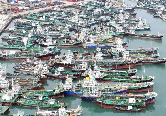 Large fishing vessels are anchored at Busan port. (Yonhap)