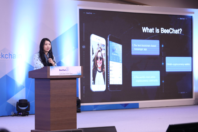 BeeLabs CEO Christina Xie speaks at the event
