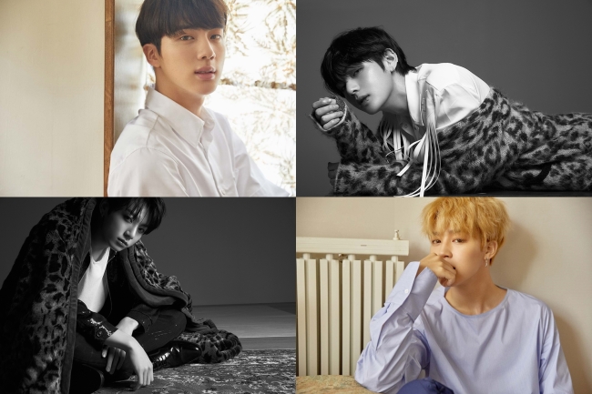"Love Yourself: Her" concept images of Jin (top left), Jimin (bottom right) constrast with the black-and-white images of V (top right), Jungkook (bottom left) from "Love Yourself: Tear." (Big Hit Entertainment)