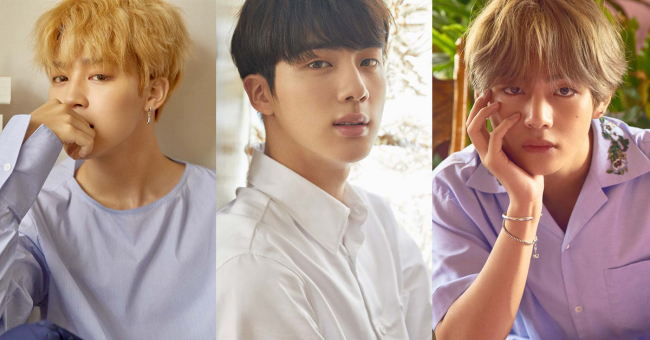 "Love Yourself: Her" concept images of Jimin (left), Jin (center), V (right) (Big Hit Entertainment)