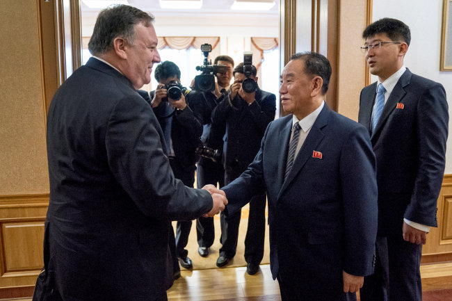 Secretary of State Mike Pompeo meets with Kim Yong-chol, second from right, a North Korean senior ruling party official and former intelligence chief, for a second day of talks at the Park Hwa Guest House in Pyongyang, North Korea, July 7, 2018. (Reuters)