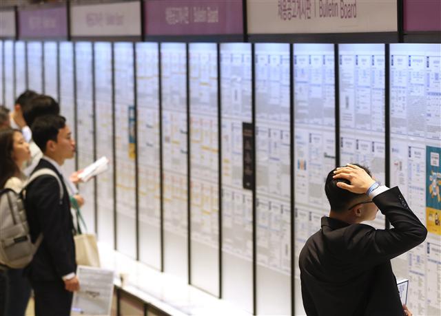 지난달 서울 강남구 코엑스에서 열린 외국인 투자기업 채용박람회에서 구직자들이 채용공고 게시판을 살펴보고 있다. 통계청이발표한 6월 고용동향에 따르면 취업자 증가 폭이 5개월 연속 10만명 전후에 머무는 등 일자리 상황이 좀처럼 회복되지 못하고 있다.  [연합뉴스]
