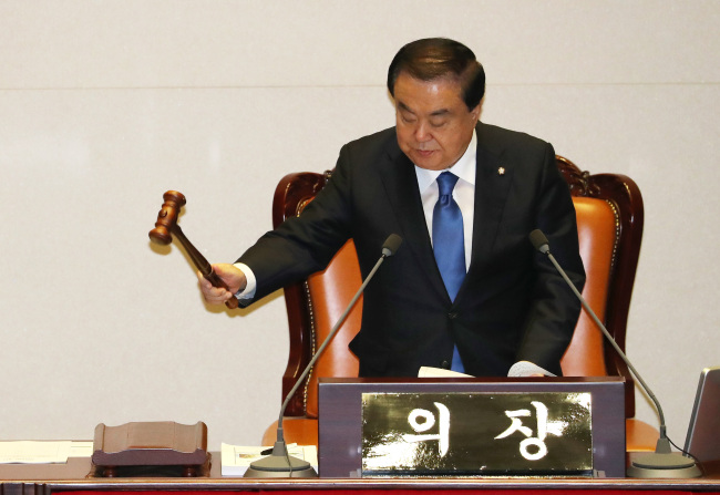 This photo taken on July 13, 2018, shows Moon Hee-sang, the newly elected parliament speaker. (Yonhap)