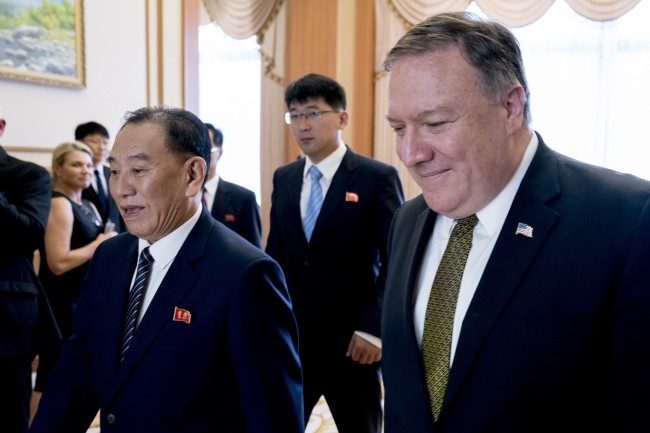 Mike Pompeo, right, and Kim Yong-chol, a North Korean senior ruling party official and former intelligence chief, in Pyongyang on July 7. (AFP)