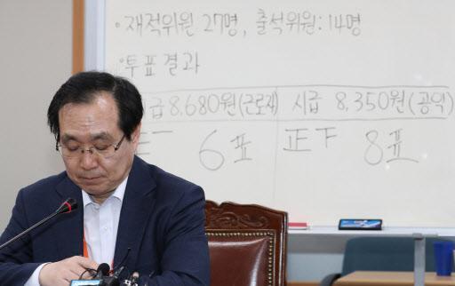 지난 14일 새벽 정부세종청사 고용노동부에서 열린 최저임금위원회 전원회의에서 내년도 최저임금이 확정돼 류장수 위원장이 굳은 표정으로 브리핑을 하고 있다. 내년도 최저임금이 올해보다 10.9% 오른 시간당 8천350원으로 결정됐지만, 사용자나 근로자 어느 한쪽도 만족하지 못해 앞으로 파장이 거셀 것으로 전망된다. [연합뉴스]
