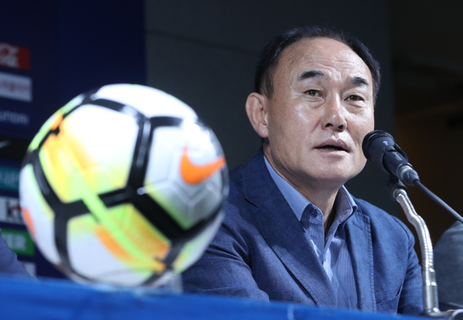 South Korea's under-23 football coach Kim Hak-bum speaks at a press conference at the Korea Football Association House in Seoul on July 16. (Yonhap)