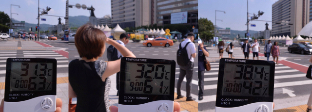 서울 지역 공식관측 기록으로 111년만에 최고 기온을 기록했던 하루 전보다 더 뜨거운 2일, 40도를 돌파할 가능성도 점쳐지고 있다. 이날 서울 광화문 사거리에서 측정한 온도가 오전 8시 31.3도에서 출발해 9시 32.0도, 오전 10시에는 38.4도까지 올랐다.  정희조 기자/checho@heraldcorp.com