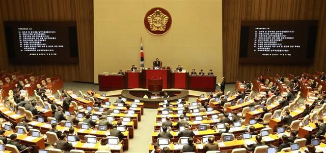 지난해 12월1일 국회 본회의에서 상속ㆍ증여세 신고세액 공제율의 하향 조정, 가업상속 공제 시 가업영위 기간별 공제 한도 조정 등 내용을 담은 상속세 및 증여세법 개정안 등 법안이 상정되고 있다.  [연합뉴스]