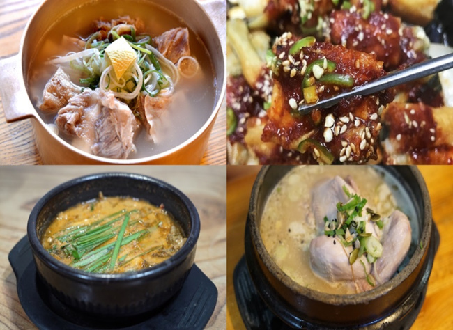 Galbitang (top left), Jang-eo gui (top right), Chueotang (bottom left) and Samgyetang. (bottom right)