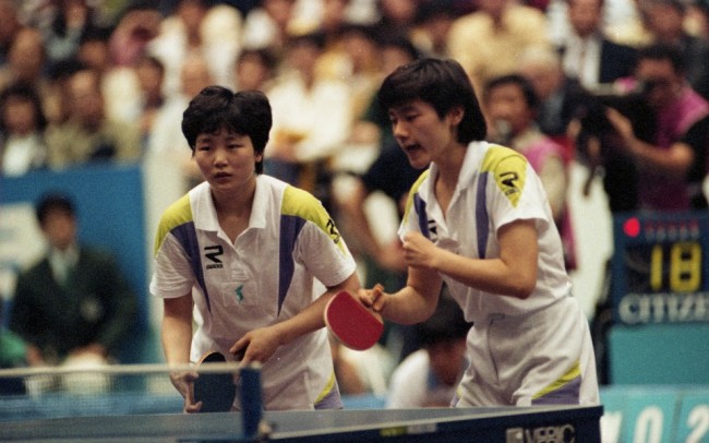 Hyun Jung-wha, right,  plays alongside North Korean table tennis player Li Pun-hui at the 1991 World Championships in Chiba, Japan. Provided by Hyun Jung-wha