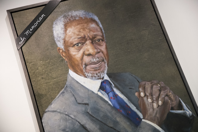 A black ribbon adorns the portrait of former United Nations Secretary-General Kofi Annan at U.N. headquarters, Saturday, Aug. 18, 2018. Annan, one of the world's most celebrated diplomats and a charismatic symbol of the United Nations who rose through its ranks to become the first black African secretary-general, has died. He was 80. (AP)