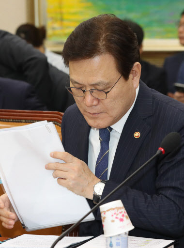 [사진설명=최종구 금융위원장이 21일 국회 정무위에서 보고 자료를 살펴보고 있다. 사진제공=연합뉴스]