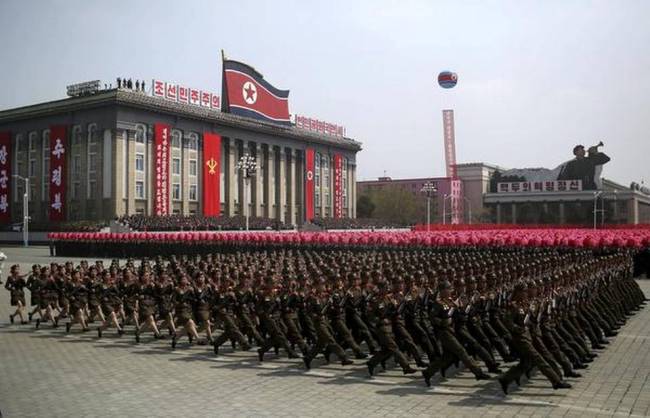 In this April 15, 2017, file photo, soldiers march across Kim Il Sung Square during a military parade in Pyongyang, North Korea. (AP)