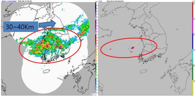 [레이더 영상과 낙뢰 분포도(27일 오전 6시 35분). 사진=기상청]