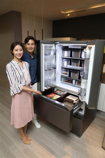 삼성전자 모델이 프리미엄 김치냉장고 2019년형 ‘김치플러스’를 소개하고 있다. [제공=삼성전자]