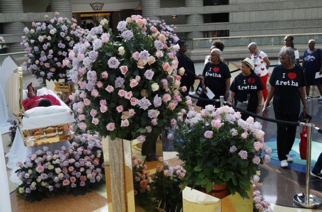 Aretha Franklin's coffin lies at Charles H. Wright Museum of African American History during a public visitation in Detroit, Tuesday, Aug. 28, 2018. Franklin died Aug. 16, of pancreatic cancer at the age of 76. (AP)