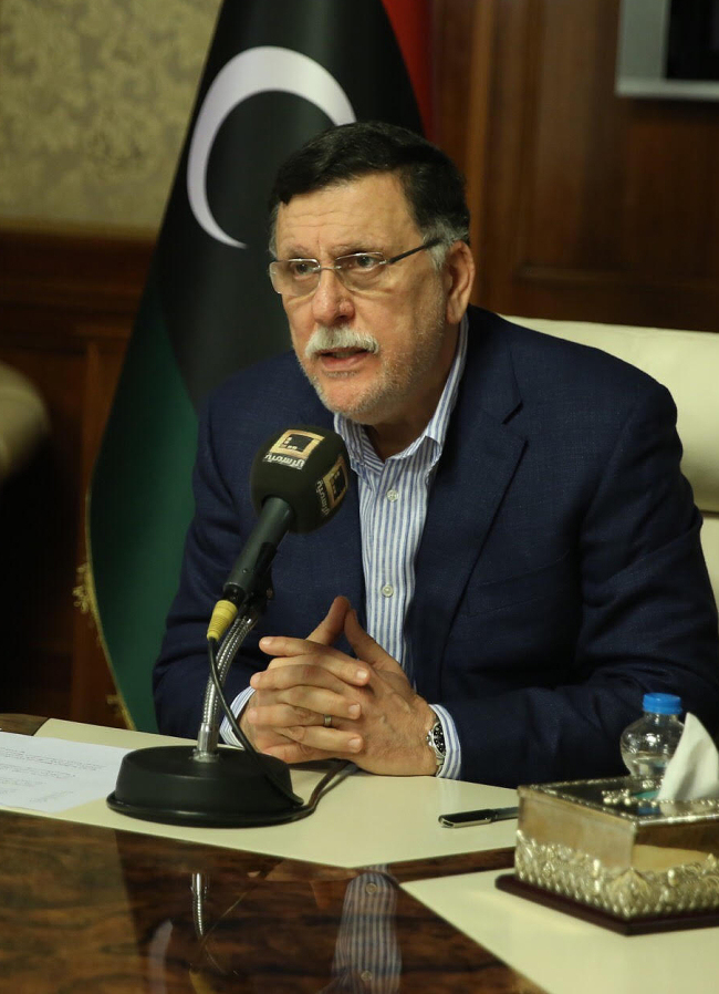 Libya's unity government Prime Minister Fayez al-Sarraj speaks about the latest situations in the capital Tripoli on August 30, 2018. - At least 27 people have been killed and nearly 100 wounded in several days of fighting between rival militias near the Libyan capital, the health ministry said today. (AFP-Yonhap)
