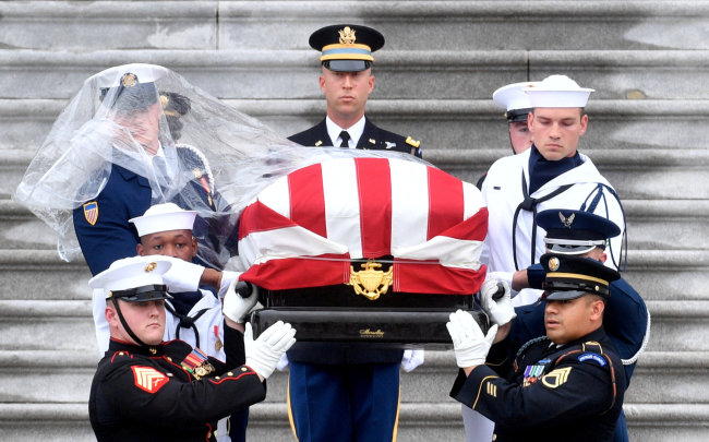 The casket of Senator John McCain, R-Ariz., is carried down the steps of the US Capitol in Washington, U.S. September 1, 2018. (Reuters)