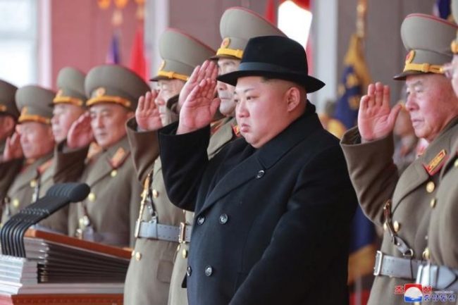 North Korean leader Kim Jong-un attends a grand military parade celebrating the 70th founding anniversary of the Korean People's Army at the Kim Il-sung Square in Pyongyang. (Reuters)