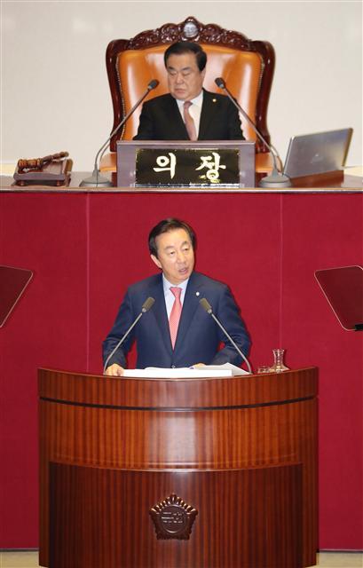 자유한국당 김성태 원내대표가 5일 오전 국회 본회의에서 교섭단체 대표연설을 하고 있다.  [연합뉴스]