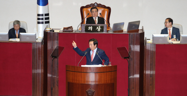 자유한국당 김성태 원내대표가 5일 오전 국회 본회의에서 교섭단체 대표연설을 하고 있다. (사진=연합뉴스)