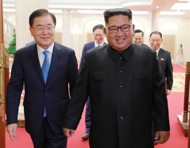 North Korean leader Kim Jong-un and Seoul's National Security Office chief Chung Eui-yong walk together at their meeting in Pyongyang on Wednesday. Cheong Wa Dae