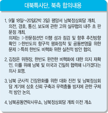 문재인 대통령의 대북 특별사절단을 이끌고 평 양을 방문한 정의용 청와대 국가안보실장이 6일 오전 청와대 춘추관에서 방북 결과를 설명한 후 취재진의 질문에 답하고 있다. 정 실장은 북한 김정은 국무위원장과의 면담에서 협의한 3차 남북정상회담 일정을 비롯한 방북 성과를 발표했다. [연합뉴스]