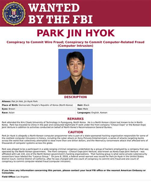 미국 법무부 트레이시 윌키슨 검사가 6일(현지시간)캘리포니아주 LA에서 기자회견을 열고  2014년 소니픽처스에 대한 해킹사건을 비롯해 일련의 사이버 공격을 주도한 북한 해커 박진혁(34)를 기소하고 제재도 단행한다고 발표했다. 이에 따르면 컴퓨터 프로그래머인 박진혁은 북한의 대표적 해킹조직으로 알려진 ‘라자루스’ 그룹의 멤버이자 북한이 내세운 위장회사인 ‘조선 엑스포 합영회사’ 소속이다.  [AP 연합뉴스]