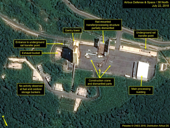 This July 22 satellite image released and annotated by 38 North on Monday, July 23, shows what the US research group says is the dismantled engine test stand at the Sohae launch site in North Korea. (AP)