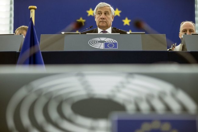 European Parliament President Antonio Tajani listens to European Commission President Jean-Claude Juncker delivering his State of Union speech at the European Parliament in Strasbourg, eastern France, Wednesday, Sept.12, 2018. (AP)